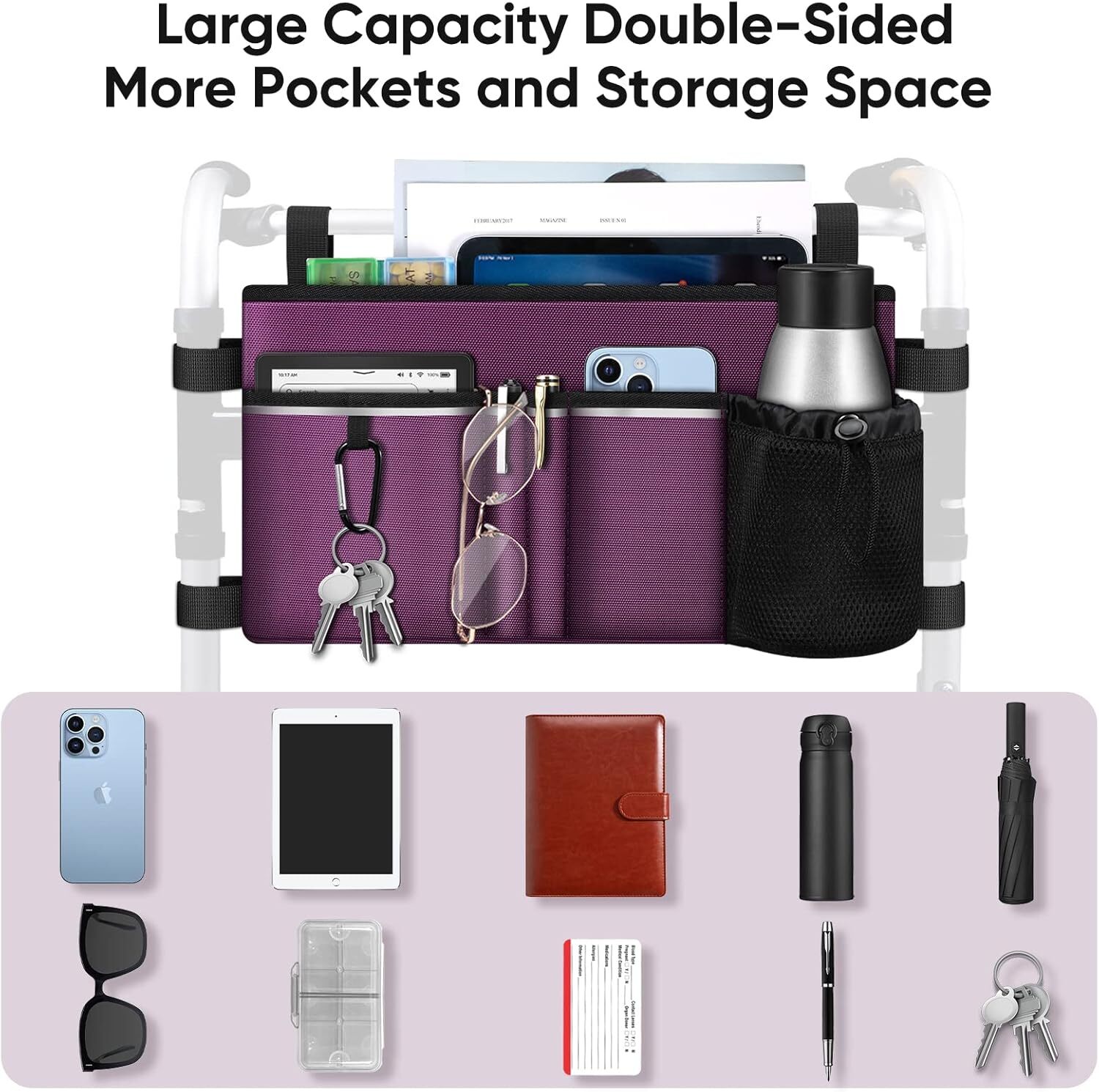 FINPAC Large Walker Tote Bag with Cup Holder Folding Walker Storage Basket Pouch