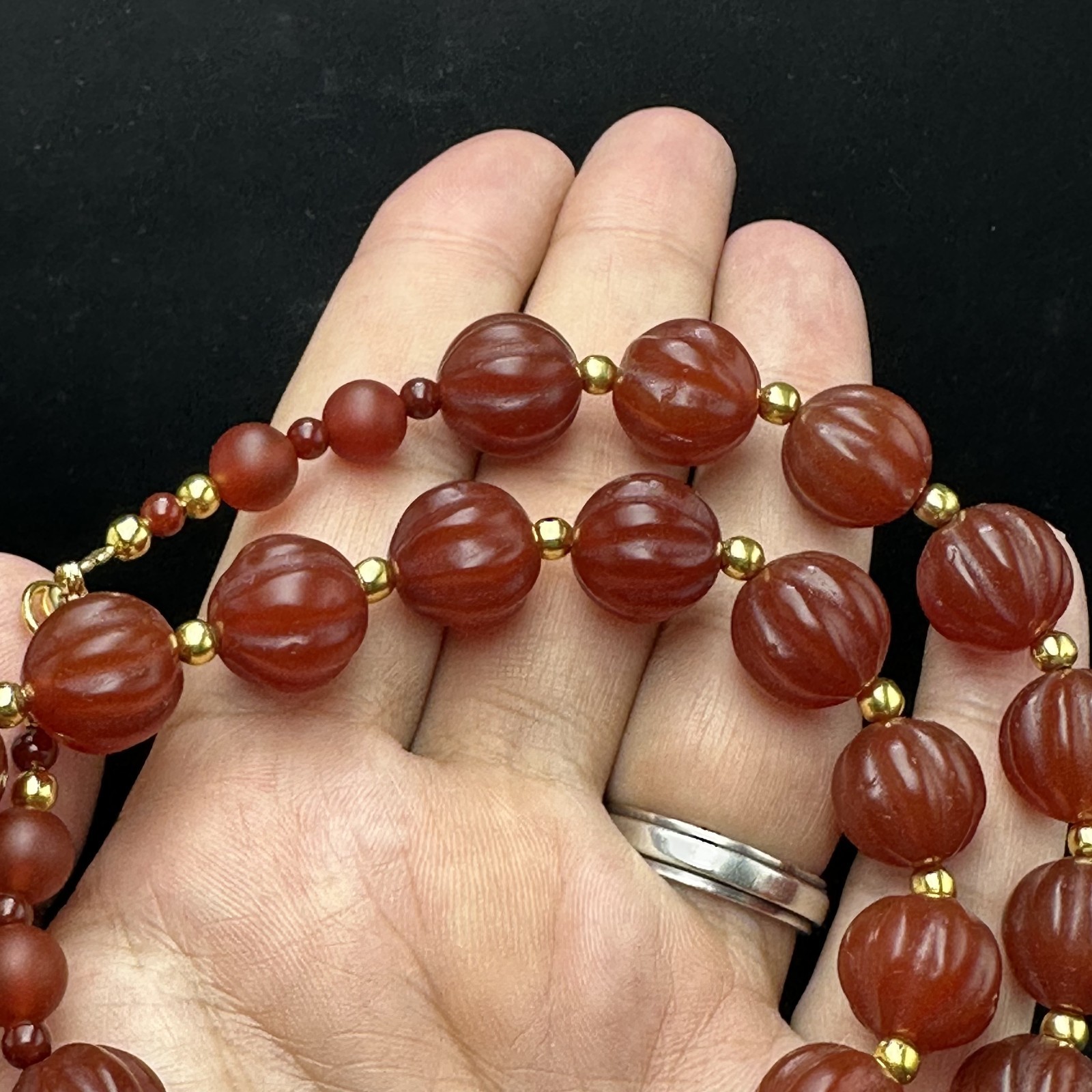 Vintage Himalayan Tibetan Carnelian Carved Agate Melon Shape Beads Necklace