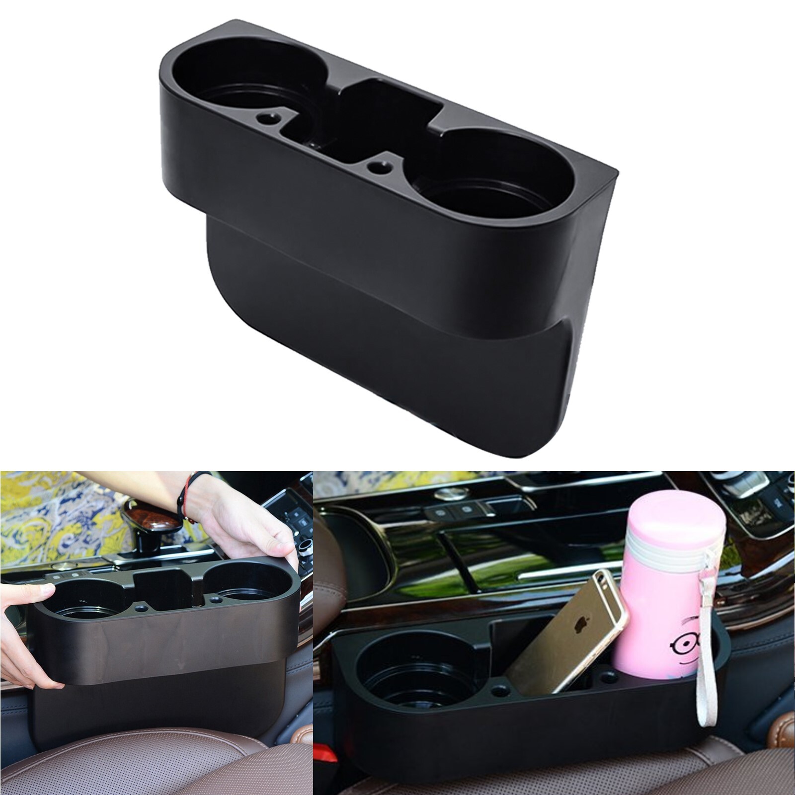 Black 2 Cup Holder Drink Beverage Seat Seam Wedge Car Auto Truck Universal Mount