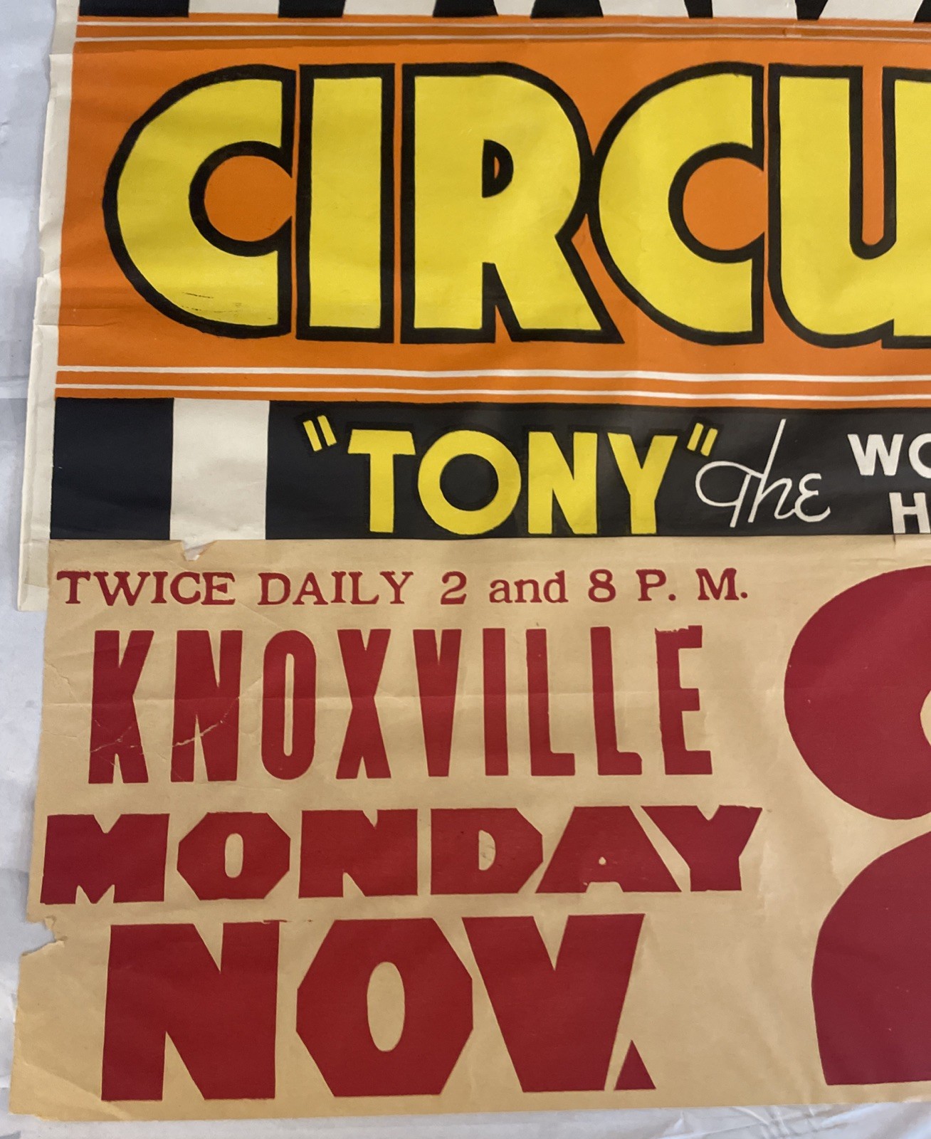 Vintage 35.5x21 Inch Tom Mix Circus Poster “Tony” The Wonder Horse Knoxville Ten