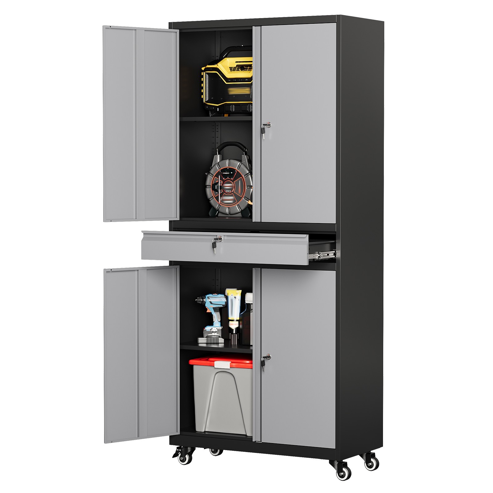 72" Metal Storage Cabinet Garage Tool Storage Cabinets w/pegboard Wheels 4 Doors