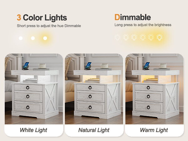 Farmhouse Night Stand with Gun Drawer, LED NightStand with Light & Human Sensor