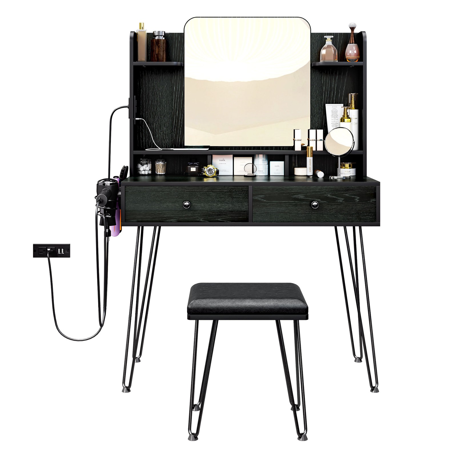 Makeup Vanity Table Set with Charging Station + vanity Stool Dressing Table Desk