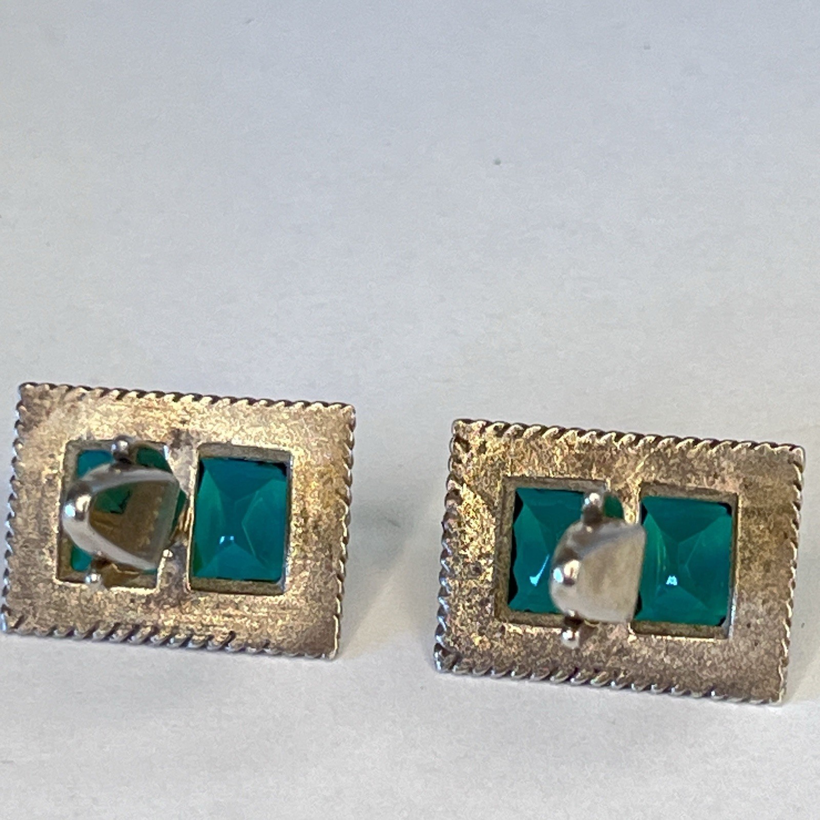 925 Sterling Silver Vintage Cuff Links DA VINCI Green Emerald cut Crystal slx