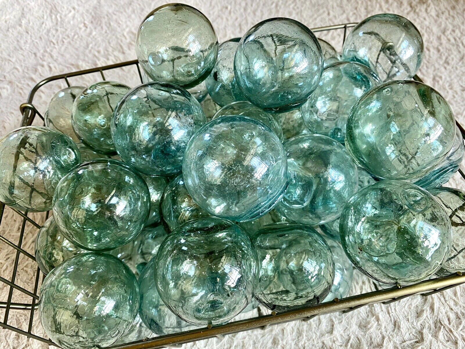 Vintage Japanese Fishing Glass Floats, Set of 12, Green & Blue - Marked, 2"-2.5"