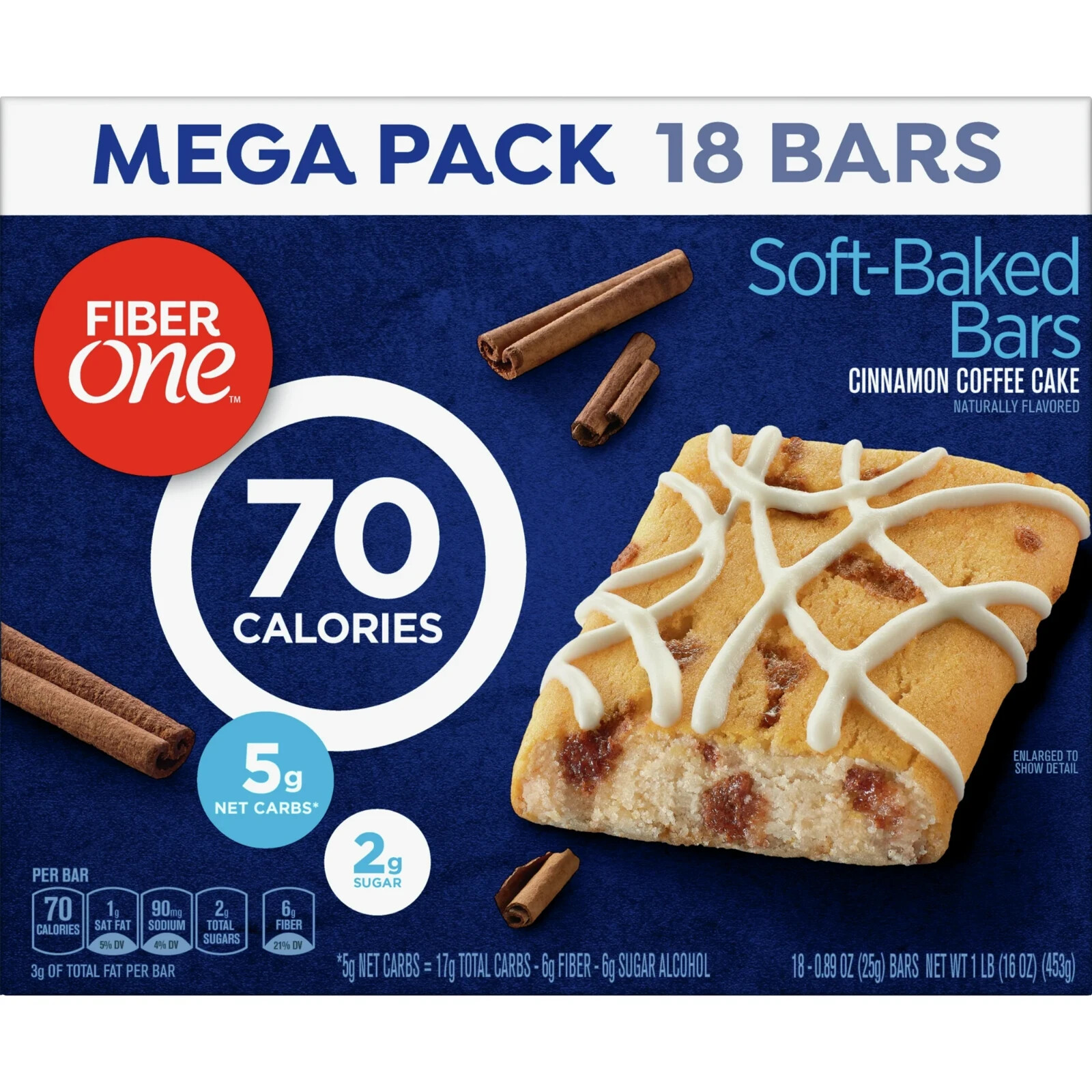 Fiber One 70 Calorie Soft-Baked Bars, Cinnamon Coffee Cake, 18 Ct
