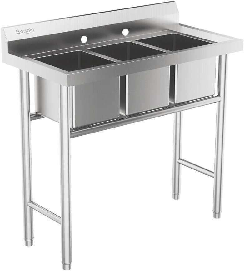 Heavy-duty 304 Stainless Steel Sink 3 Compartment Free Standing Utility Sink NEW