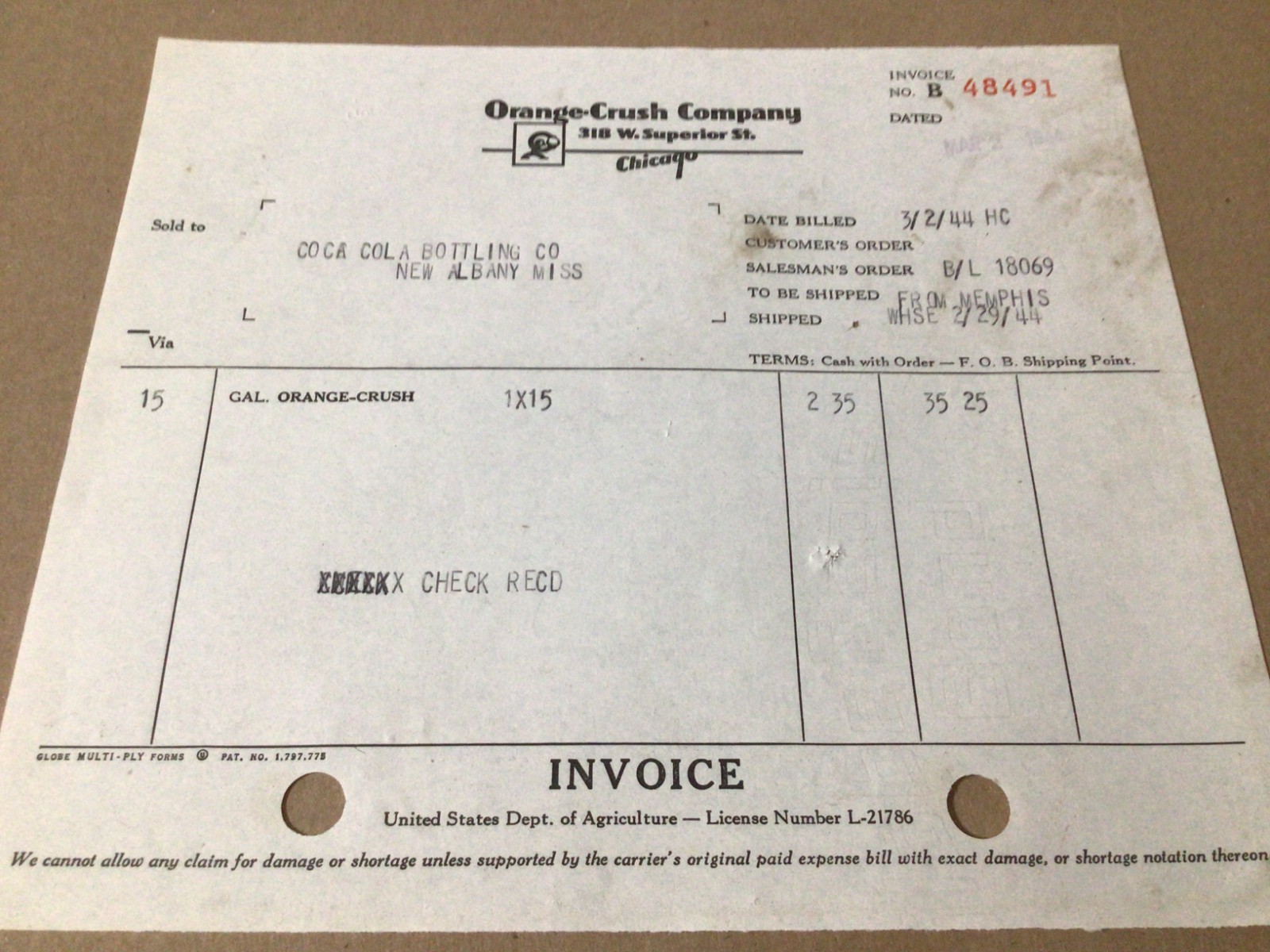1944 Orange Crush Company Chicago Ill. Invoice Crushy Logo at Top