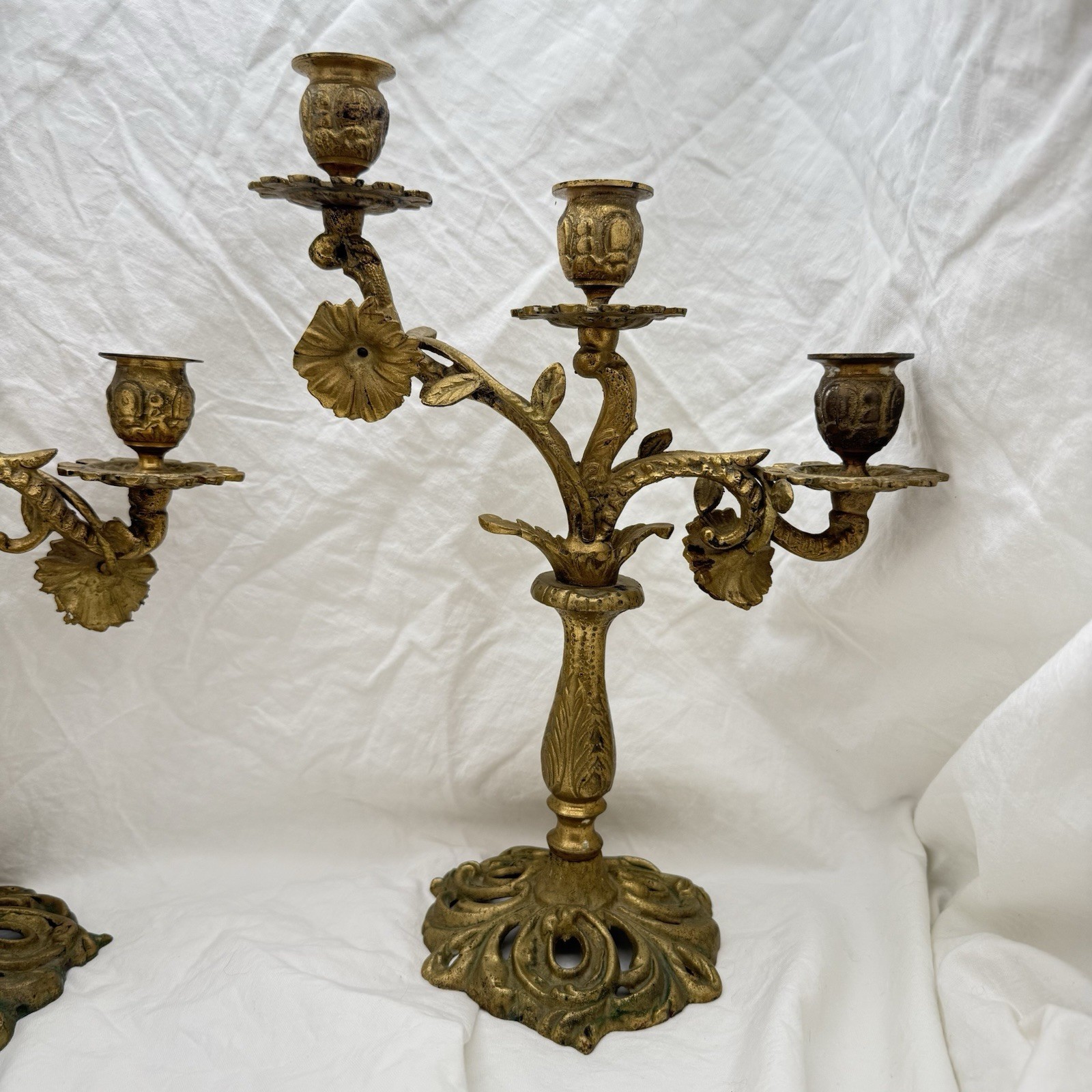 Vtg Triple Candelabra Ornate Floral Heavy Brass Candlesticks Candle Holders Pair