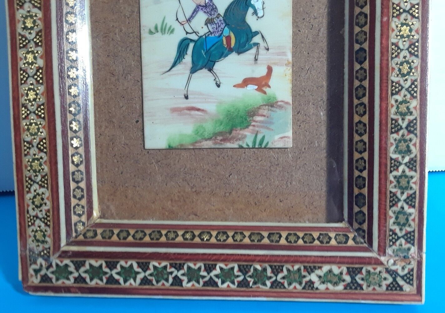 Chinese Scroll Warrior Horses Enamel and Wood Frame 19 3/8 x 5.5