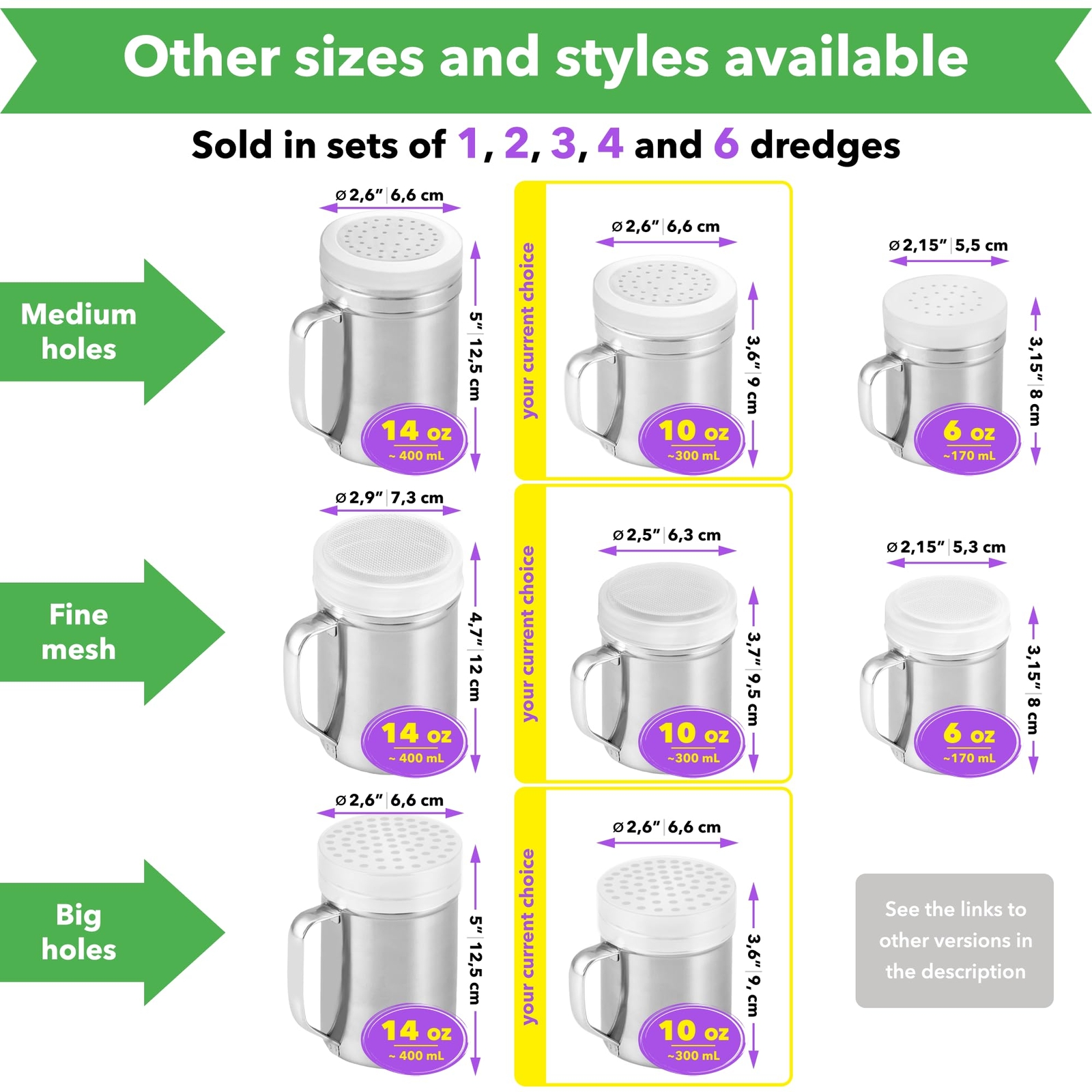 3 Pack Stainless Steel Dredge Shaker Powder Sugar Shaker Duster w/ Handle, 10oz