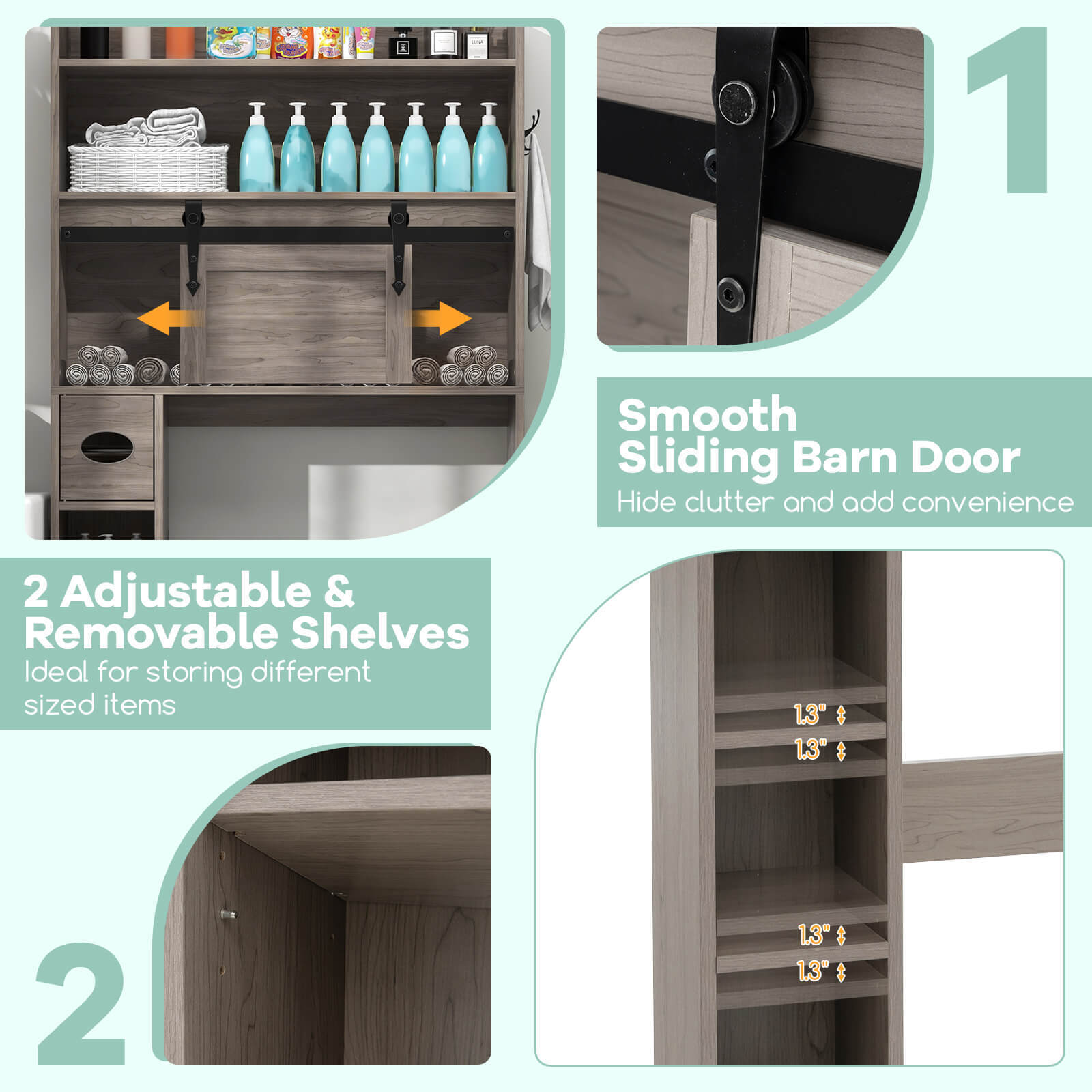 Over The Toilet Storage Cabinet w/ Adjustable Shelves 2 Hooks Sliding Barn Door
