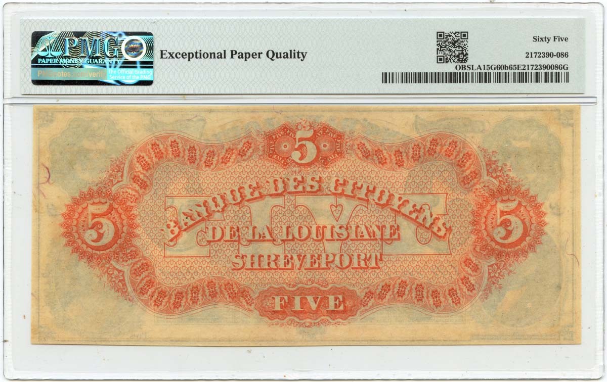 1860s $5 Shreveport, Louisiana Obsolete Note Citizens Bank PMG GEM 65 EPQ
