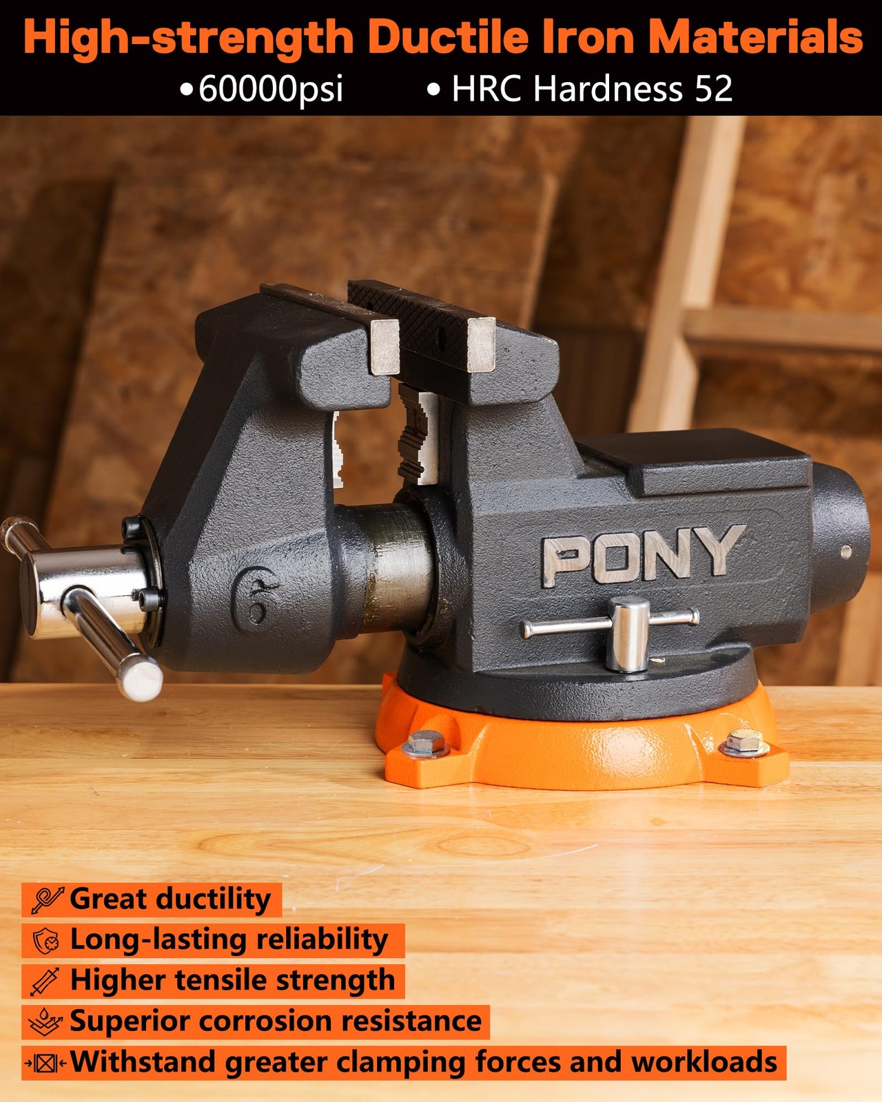 PONY 6" Heavy Duty Bench Vise 8800LBS Clamp Force 360° Rotatable Workbench Vises