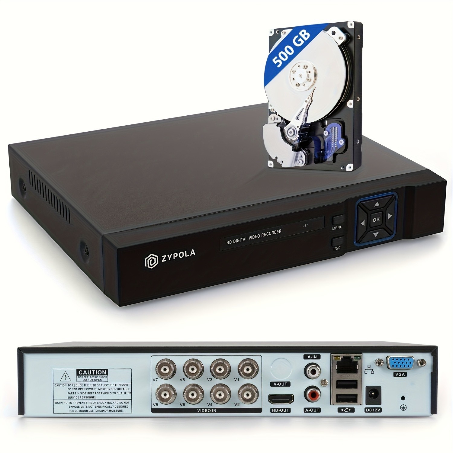 8CH Security DVR with Preinstalled 500GB HDD, 1080p Recording, HDMI VGA Output