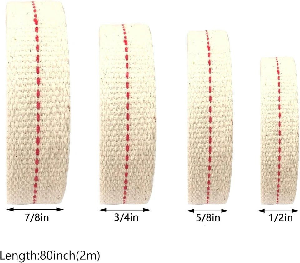 4 Rolls Oil Lamp Wick 1/2, 3/4, 7/8 Inch Flat Cotton Wick 6.5 Ft/roll Red Stitch