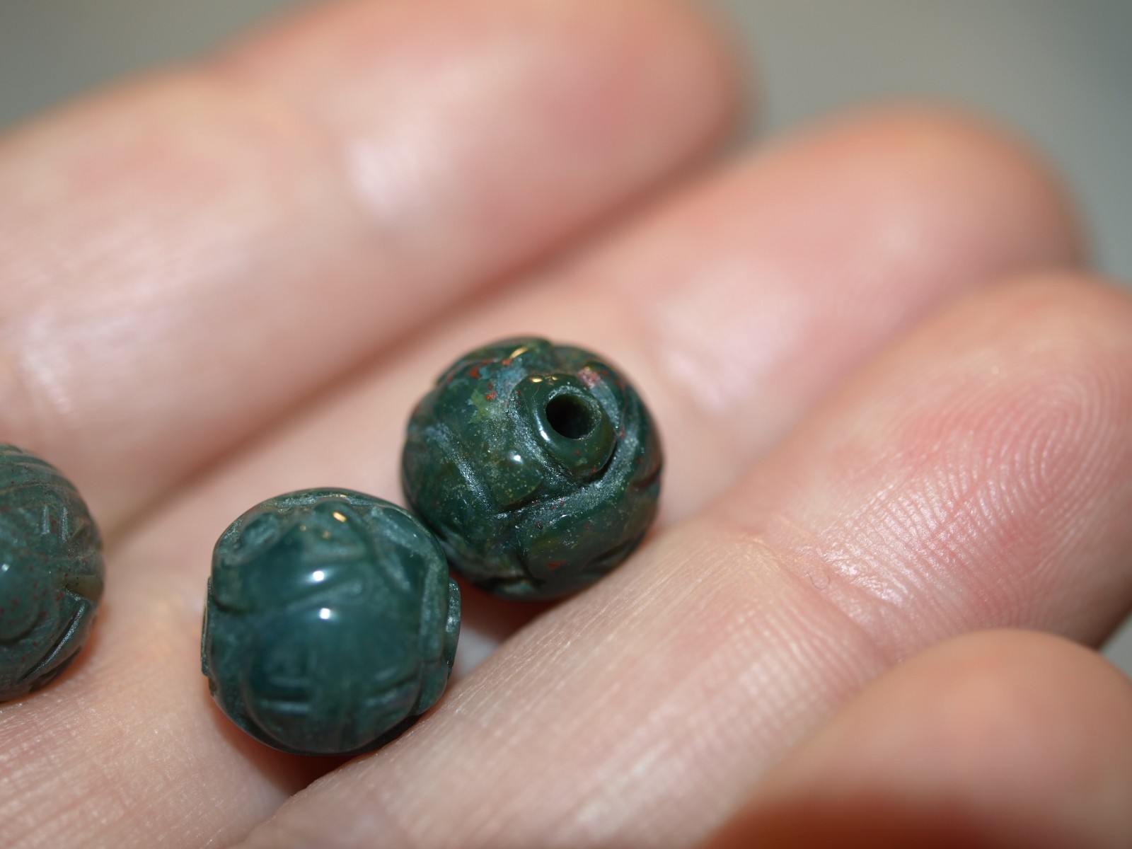 One Vintage Carved Chinese Bead Green Bloodstone Stone Round w/ Shou Design 10mm