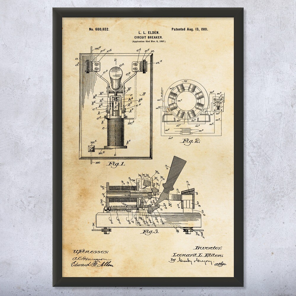 Circuit Breaker Patent Wall Art Poster, Canvas or Framed Electrician Gift