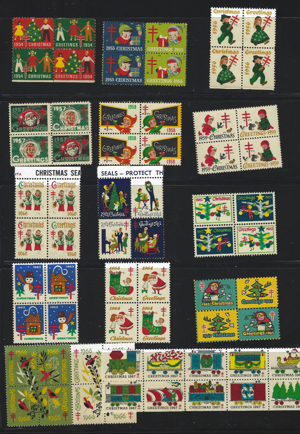 US Christmas Seals lot: one MNH set from each year 1954-1967; 66 seals!