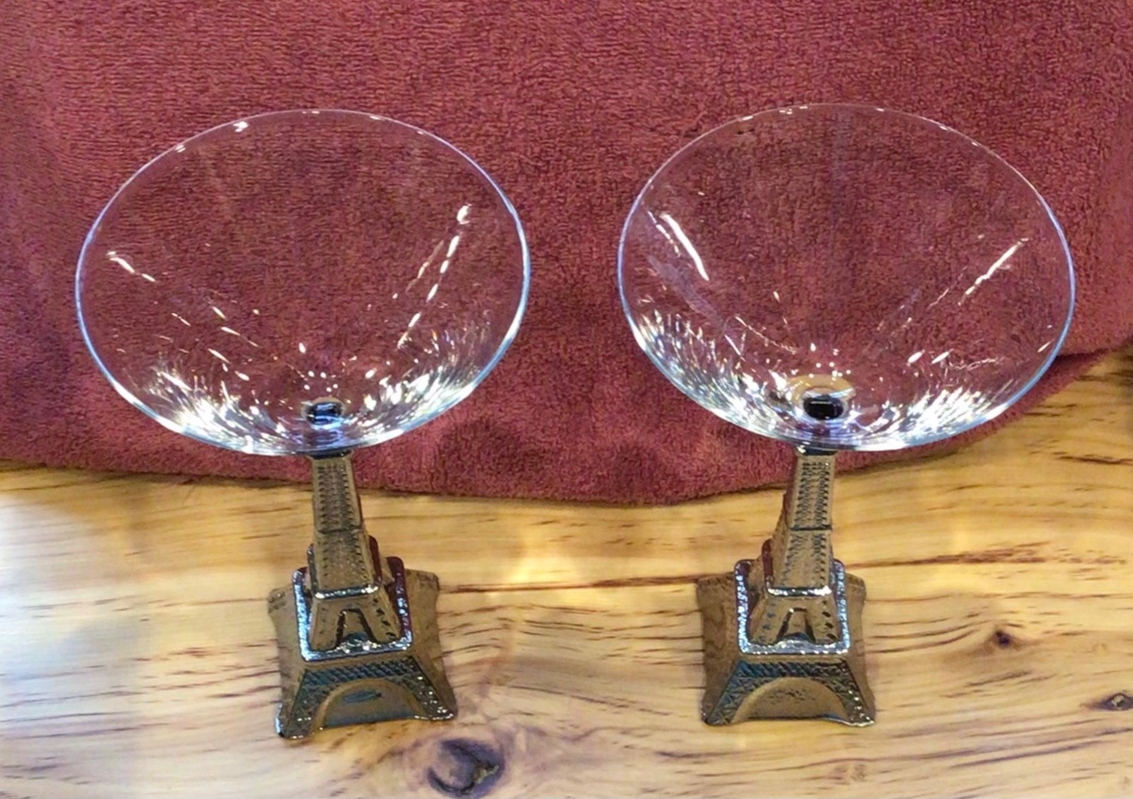 Eiffel Tower Martini Cocktail Glasses Sculpted Silver Stems 7.5” tall