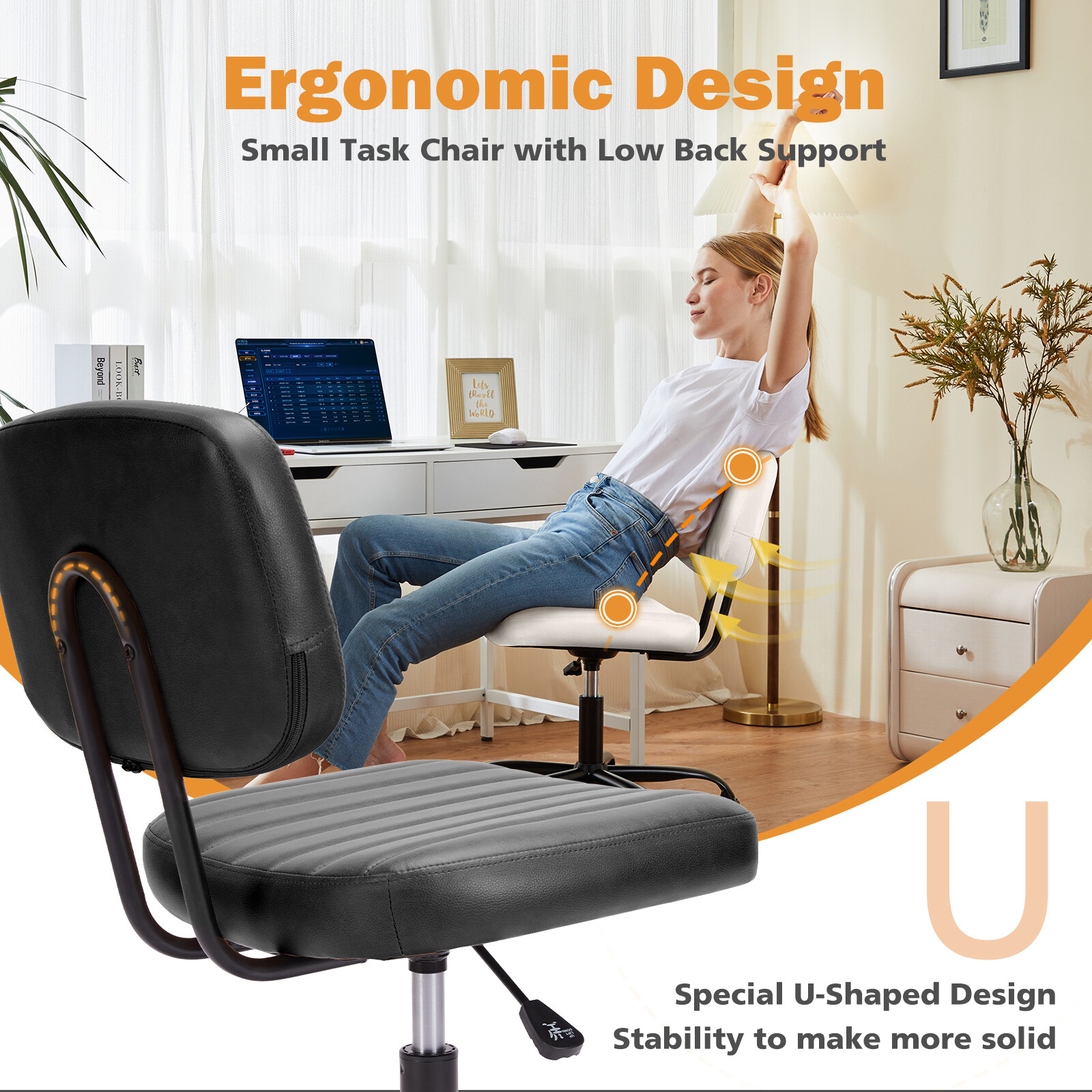 Armless Office Desk Chair with PU Leather Swivel Chair Small Chair with Wheels