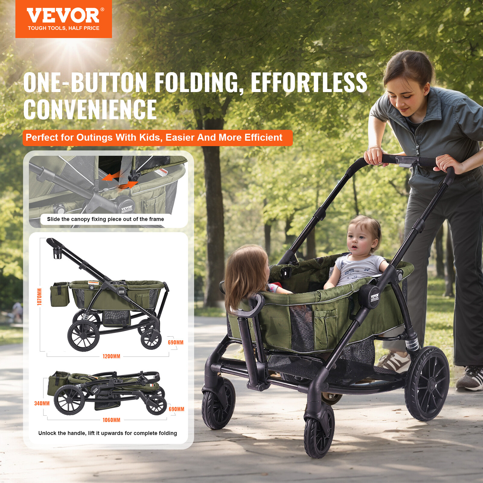 VEVOR All-Terrain Stroller Wagon 2 Seats Collapsible w/ Canopy Dark Olive Green