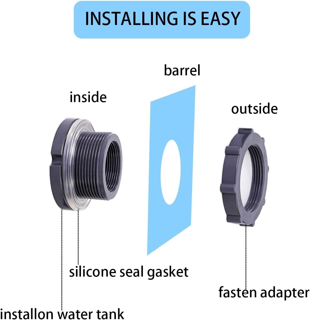 2 Pieces 3/4 Inch PVC Bulkhead Fitting for Water Barrel Water Tank Rain Barre