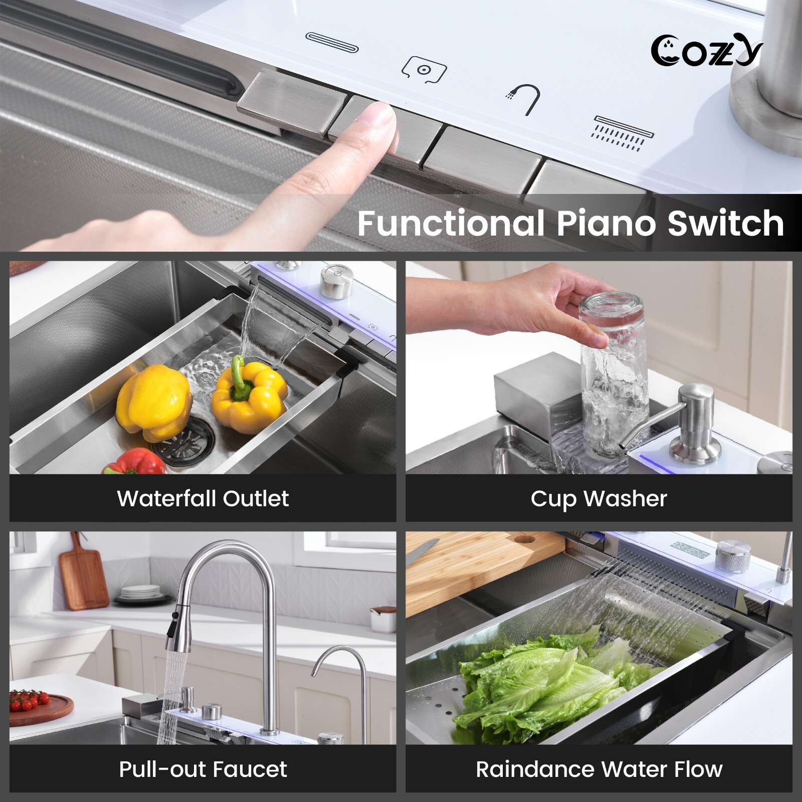 Cozy 33x22" Multifunctional Overmount Kitchen Sink Faucet Combo Brush Nickel