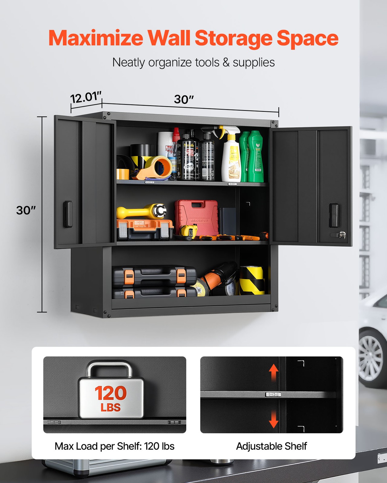 VEVOR Metal Wall Cabinet 30 inch Garage Wall Cabinet with Adjustable Shelf