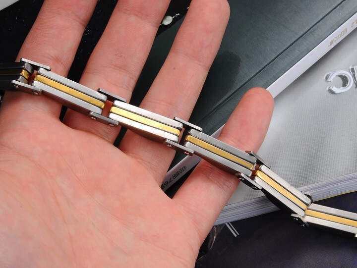 Two Tone Stainless Steel Men's Chain Link Bracelet Wristband Cuff Bangle 8.66"