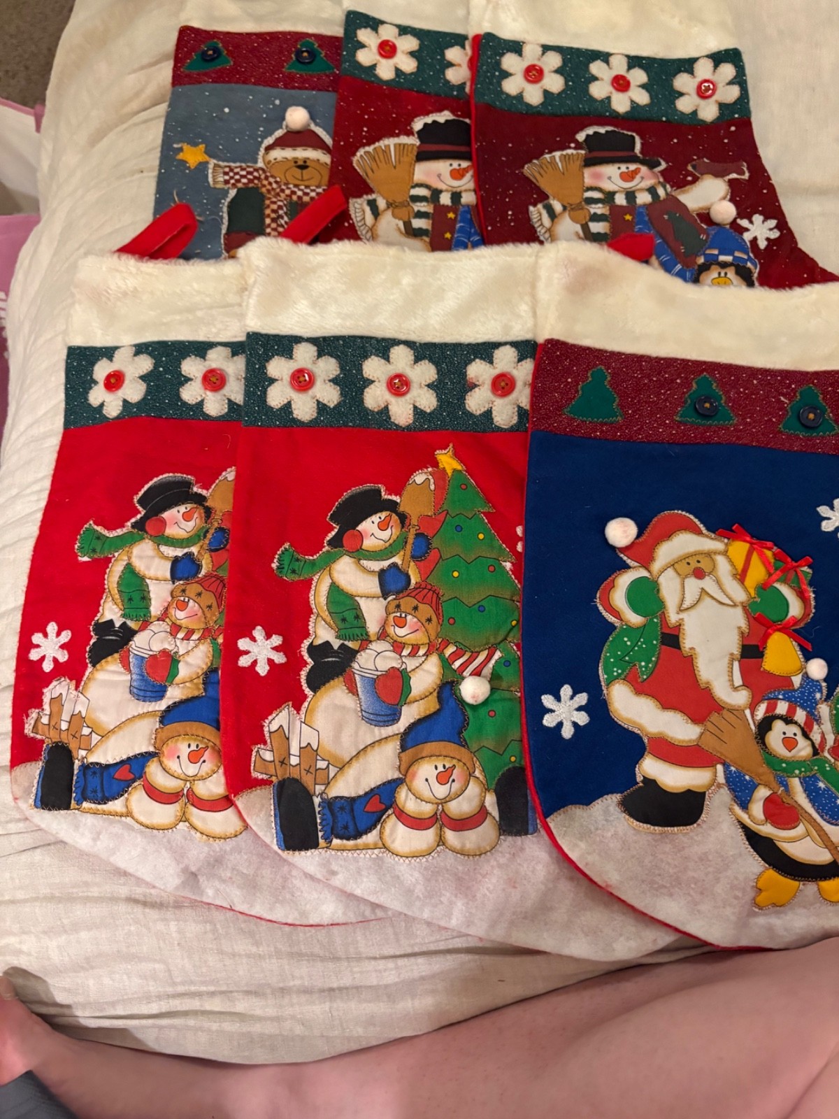 6 Vintage Handmade Felt Christmas Stocking Large 21.5x12.5 snowman