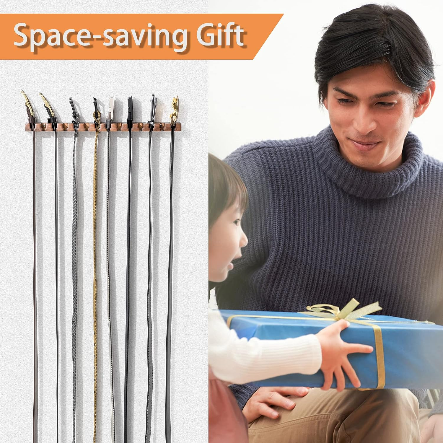 Wooden Belt Rack for Closet Wall Mount, Sturdy Belt Hanger Organizer Holds 14 Be