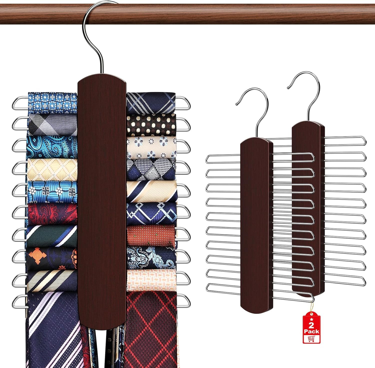 2 Pack Tie Rack for Closet Premium Wooden Necktie Organizer Storage Tie/Belt 40