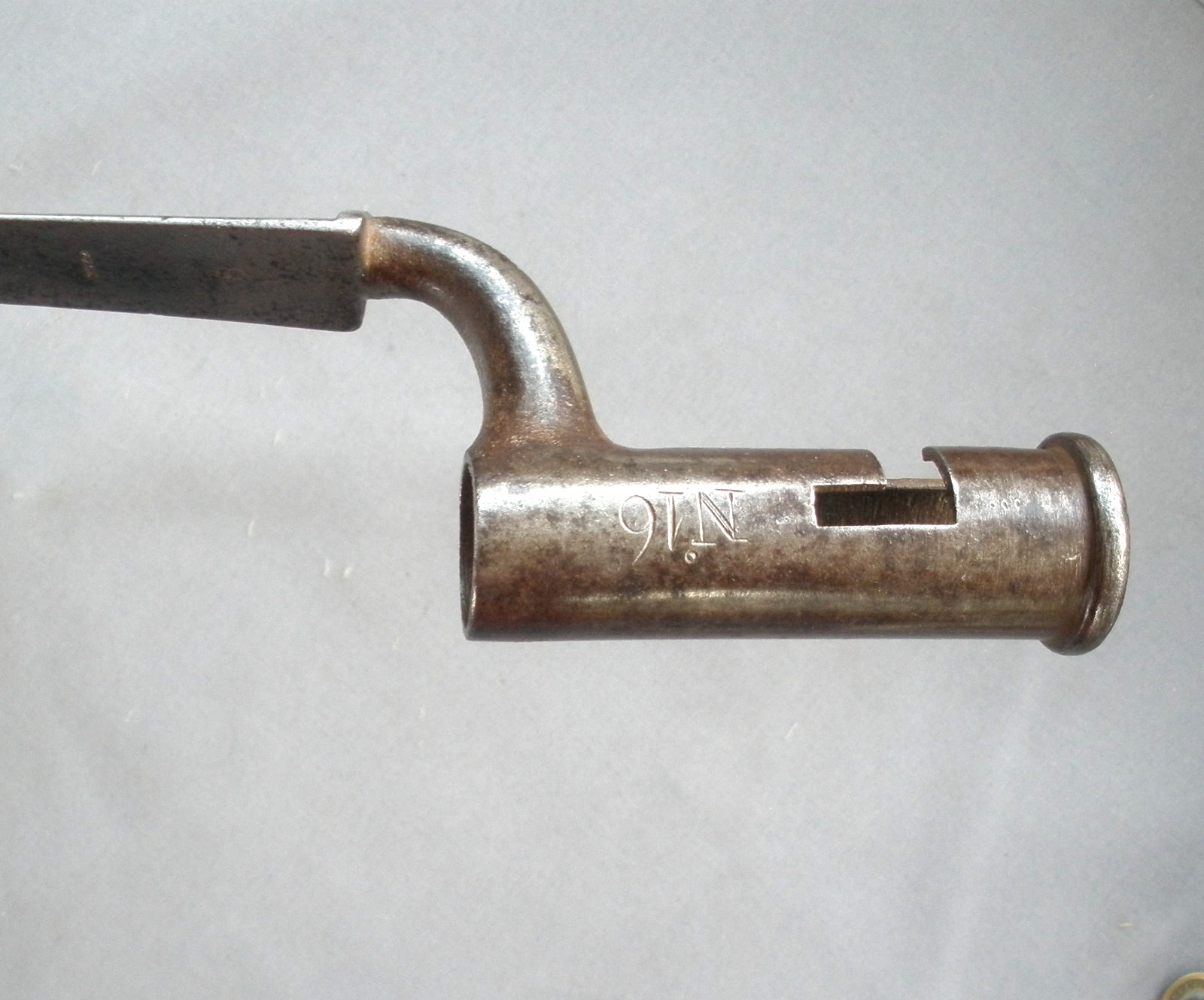 Brown Bess socket bayonet marked "KWA" (Ketland, Walker & Allport) engraved N 16