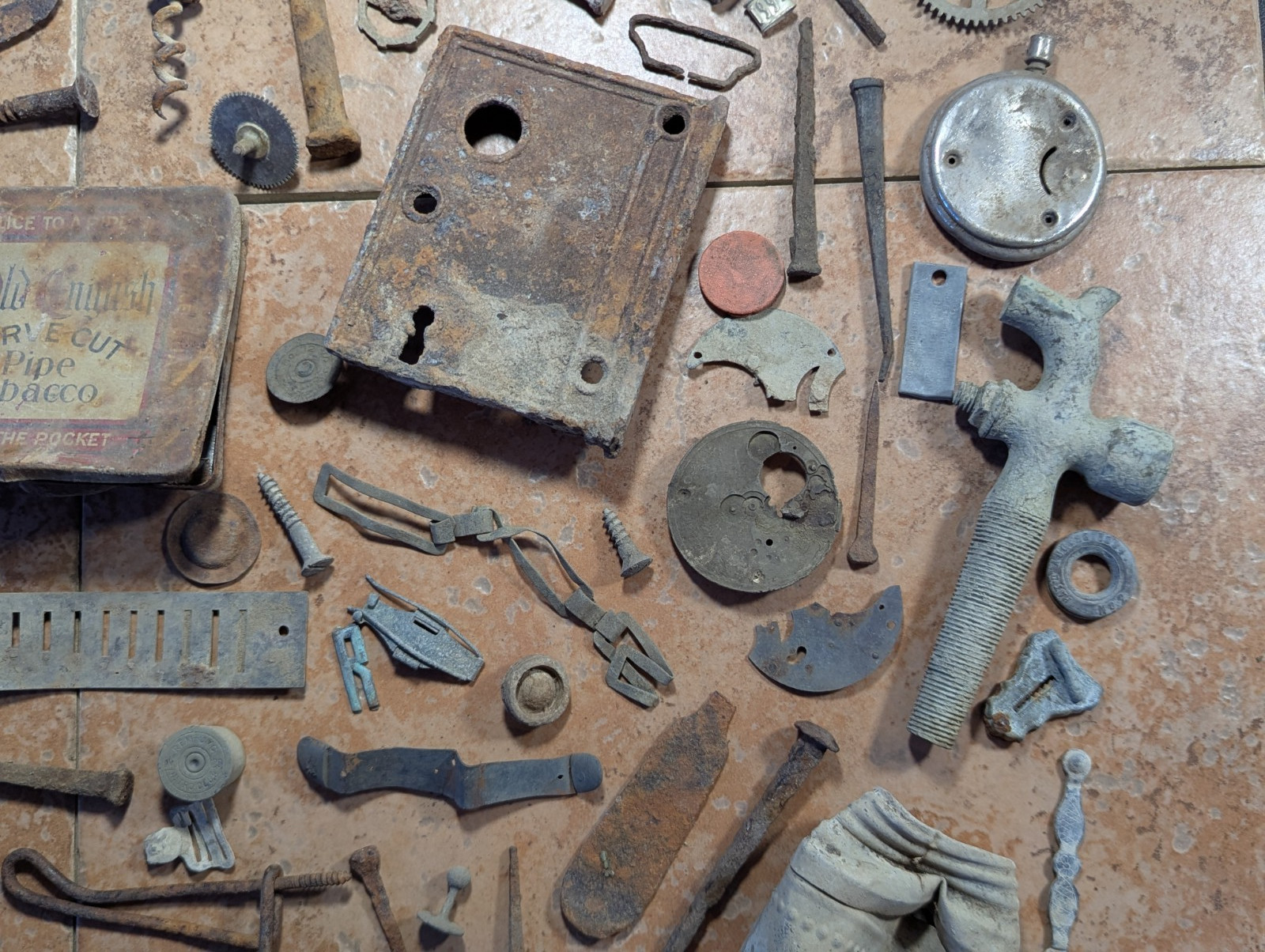 Dug Relics Vintage Iron Axle Grease Tin Door Knob Barrel Spigot Brass Ruler