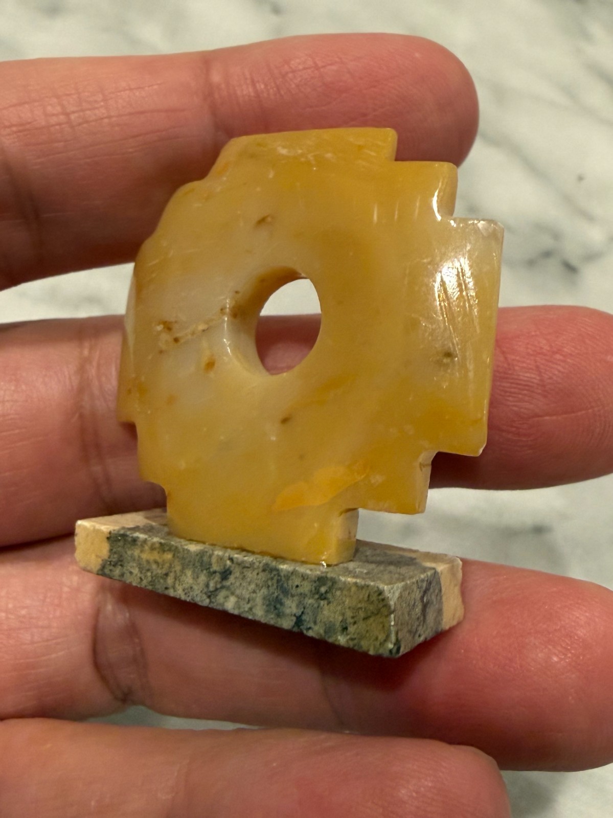 Vintage Small Yellow Stone Carving Chakana Inca Cross on Stand