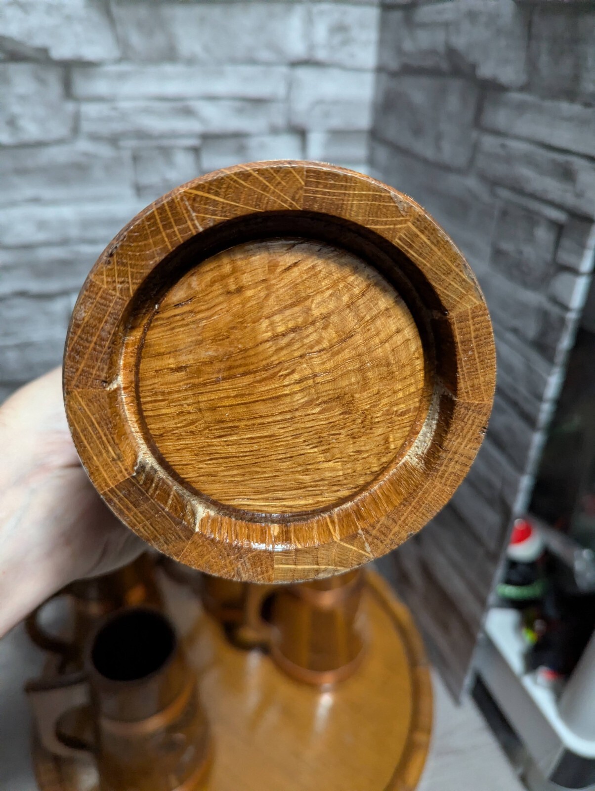 Vtg Set Of 5 Wood & Copper Beer Mug Stein Tankard Cups w/Tray Viking Bar Decor