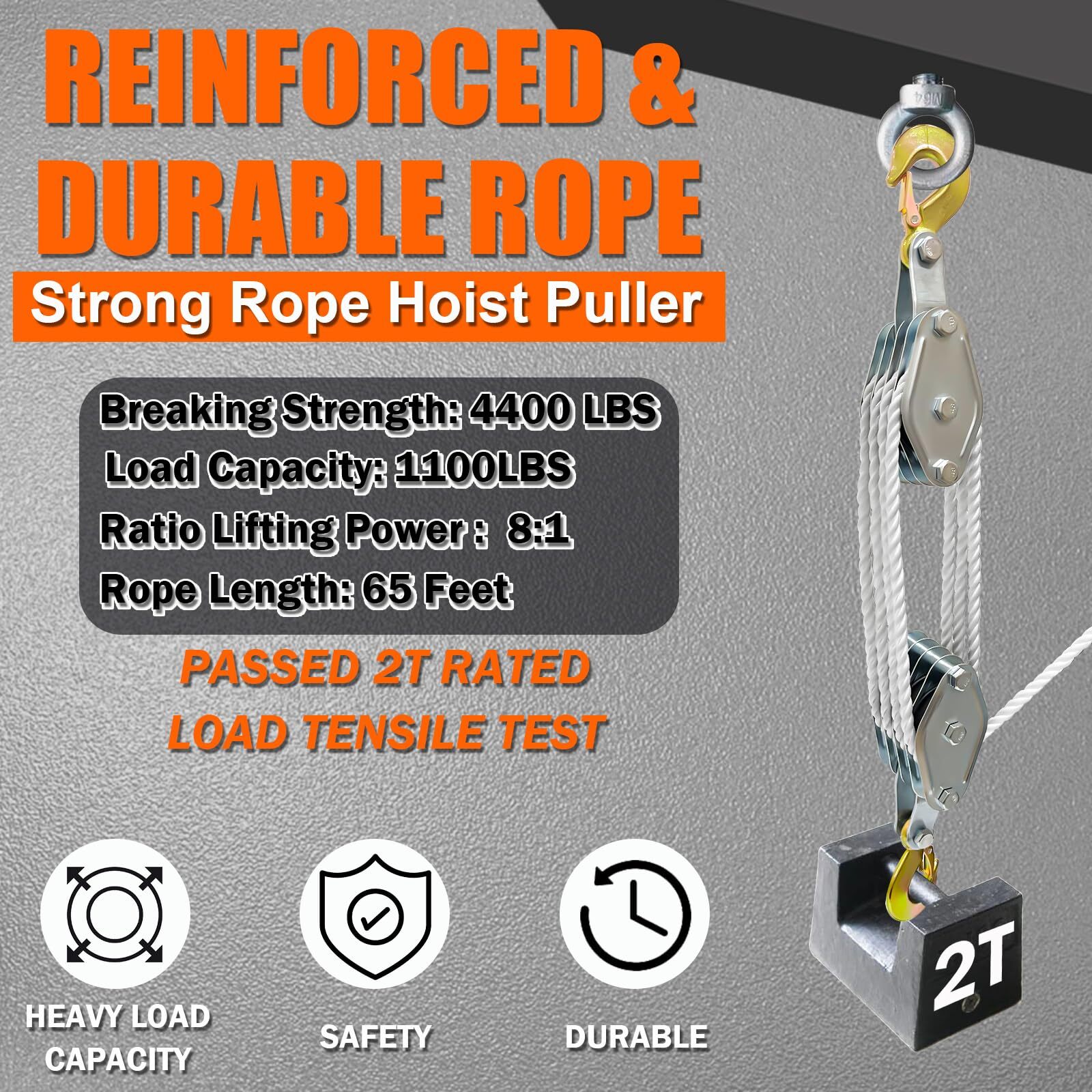 Rope Pulley Hoist 4400 LB, 8:1 Lifting Power Pulley Block and Tackle System