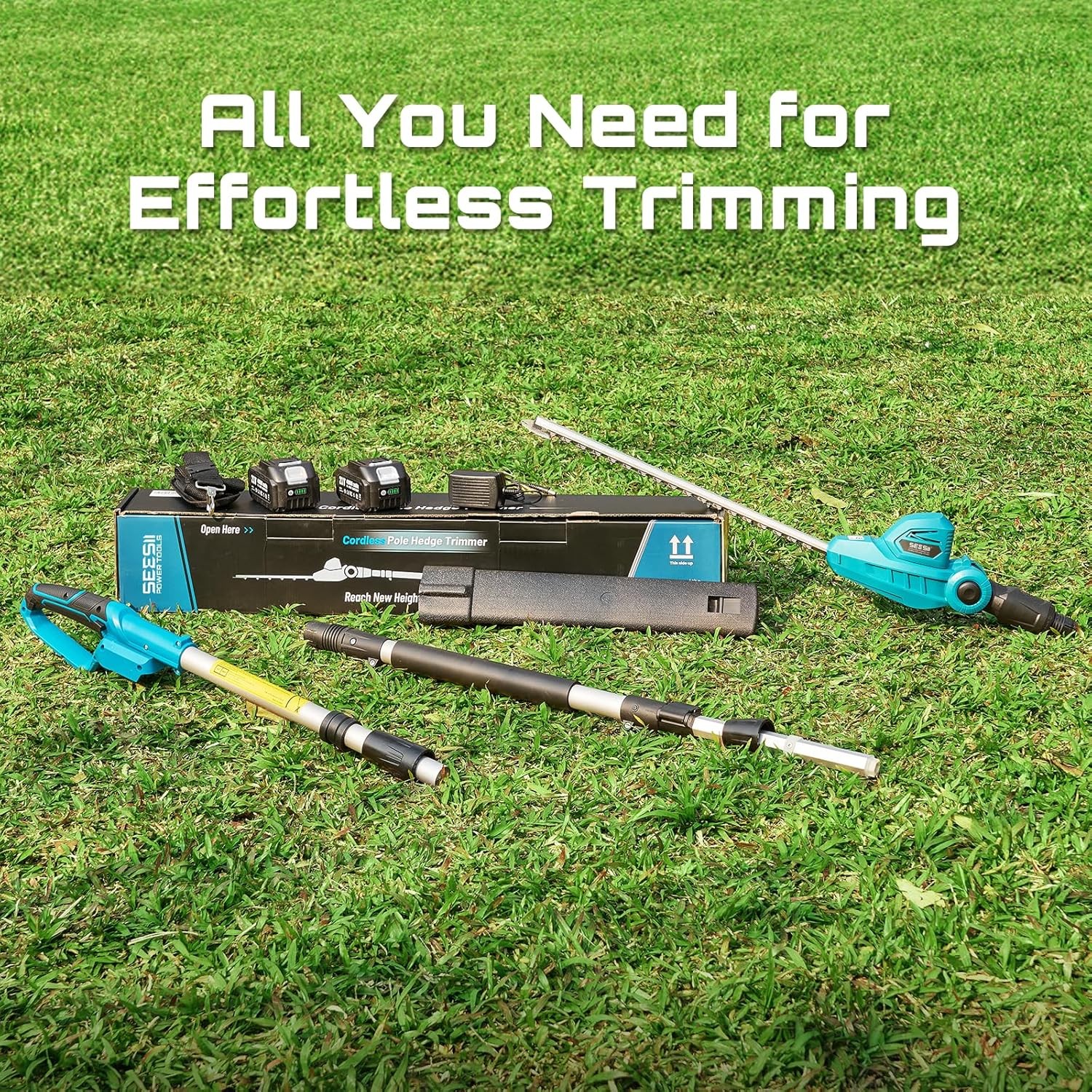 SEESII Pole Hedge Trimmer Cordless 20" Dual-Action Blade 8Ft Telescopic Pole