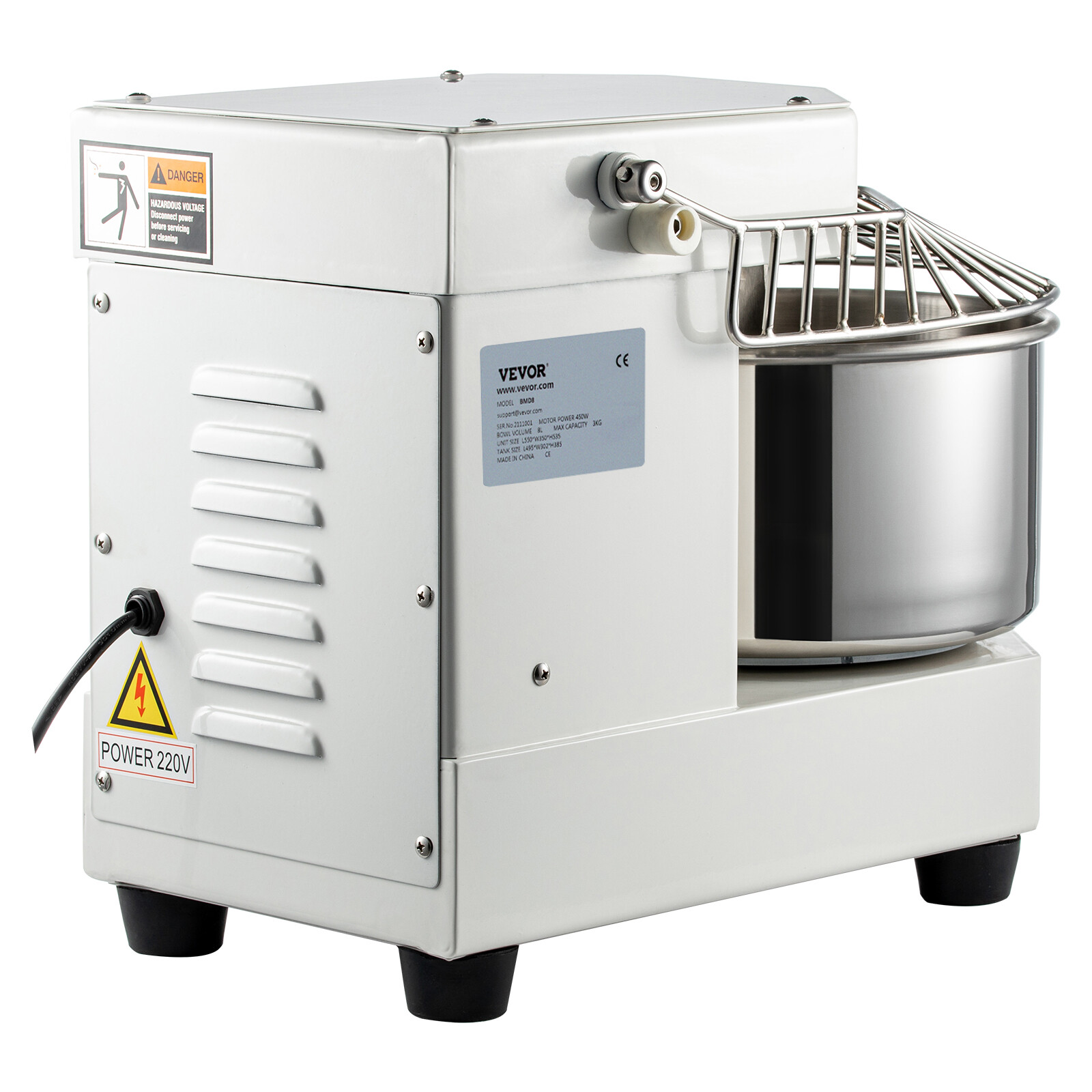 8QT Commercial Dough Mixer Spiral Food Mixer Pizza Bakery Dual Rotating 450W