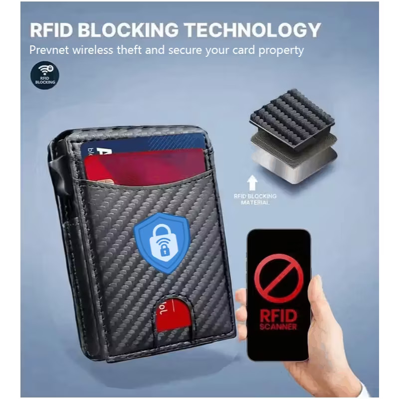 RFID-Blocking Men’s Bifold Pop-Up Wallet Carbon Fiber with Money Clip, Mens Gift