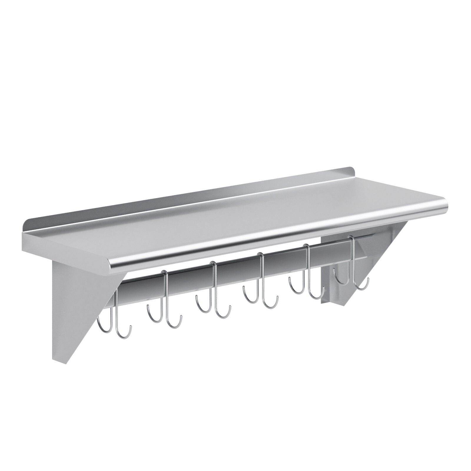 12 in. x 36 in. Stainless Steel Wall Mounted Pot Rack with Shelf and 6 hooks