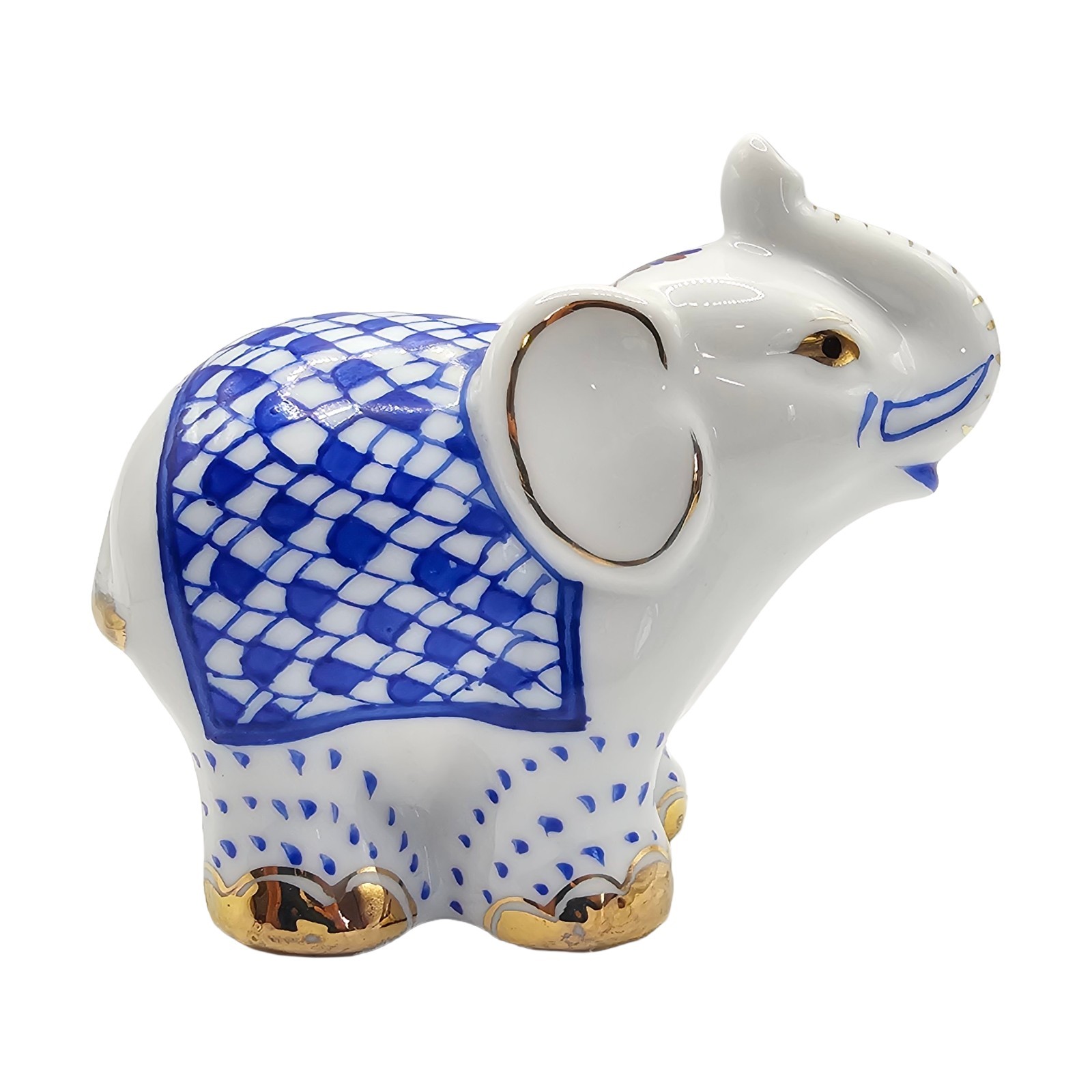 Vintage Blue Fishnet Porcelain Elephant Figurine Gold Accents Trunk Up Lucky 4"