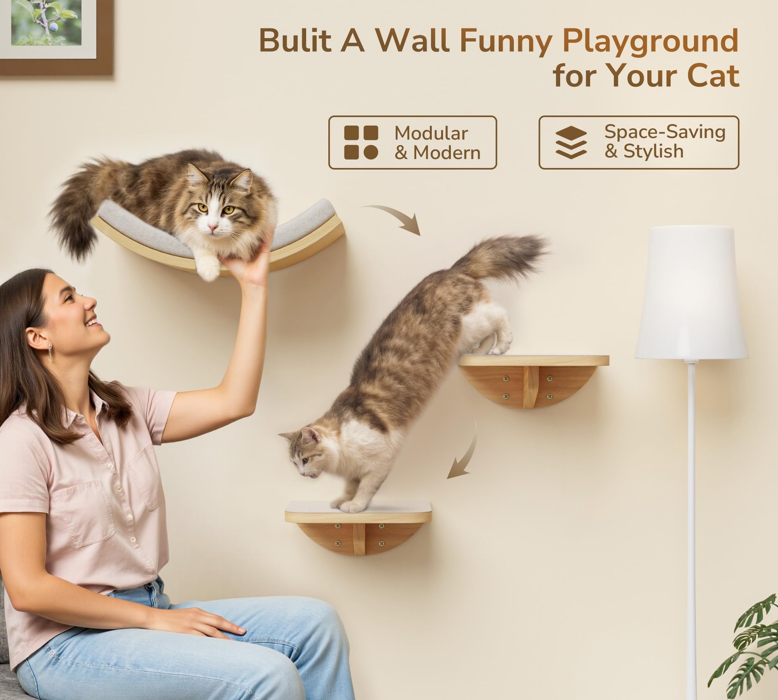 Cat Wall Shelf with Curved Hammock Bed, Wall Mounted Cat Perch with Beige Sof...