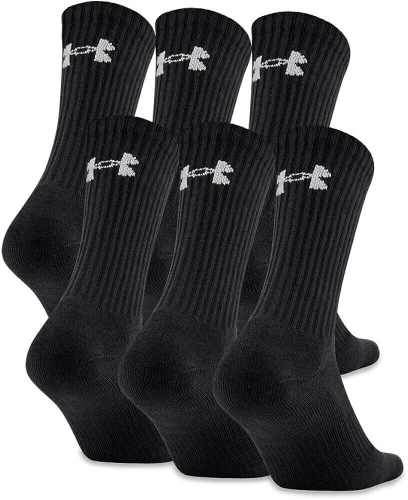 UNDER ARMOUR Men Crew Socks 6 Pair BLACK Size Large 8.5-13 Cotton Pack 76/22/2