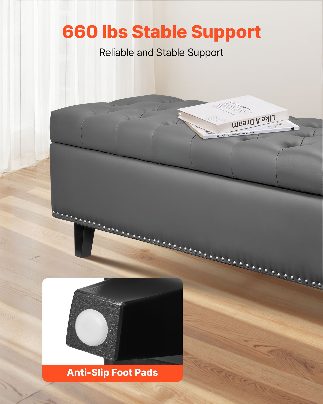 Uimoso Button-Tufted Storage Ottoman Bench PU Leather Bench with Wood Legs Gray