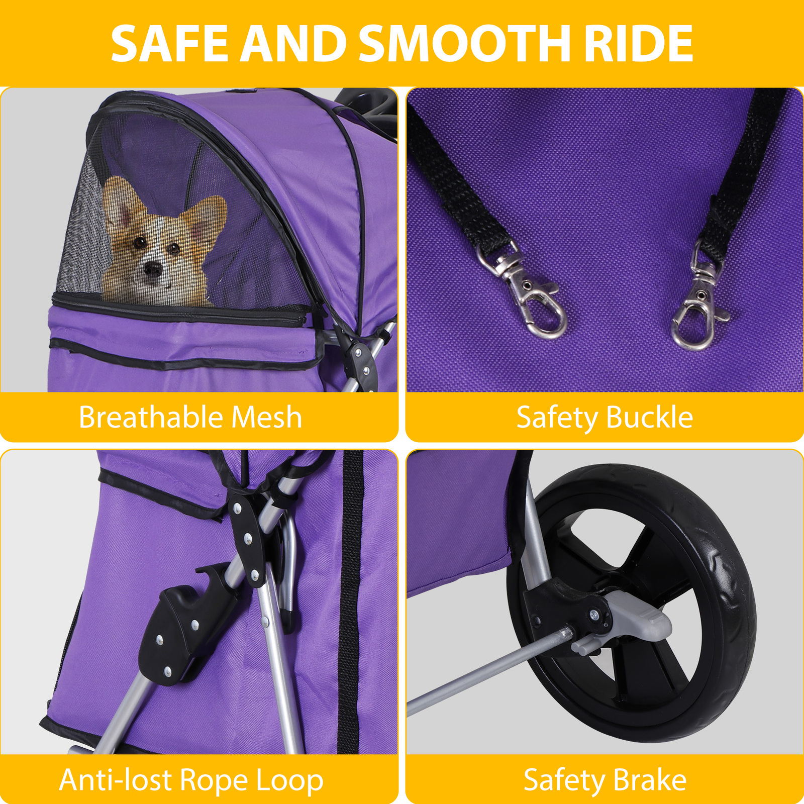 4 Wheel Dog Stroller Pet Stroller Travel Carriage w/Foldable Carrier Cart Purple