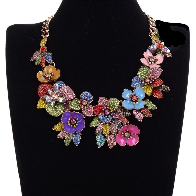 VALENTINE FLORAL BOUQUET VTG Style Pave Rhinestone Enamel Bib Necklace