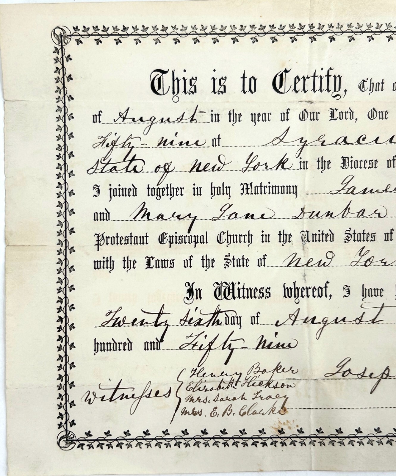 Antique Original 1859 (Pre Civil War) Marriage Certificate - Syracuse, NY
