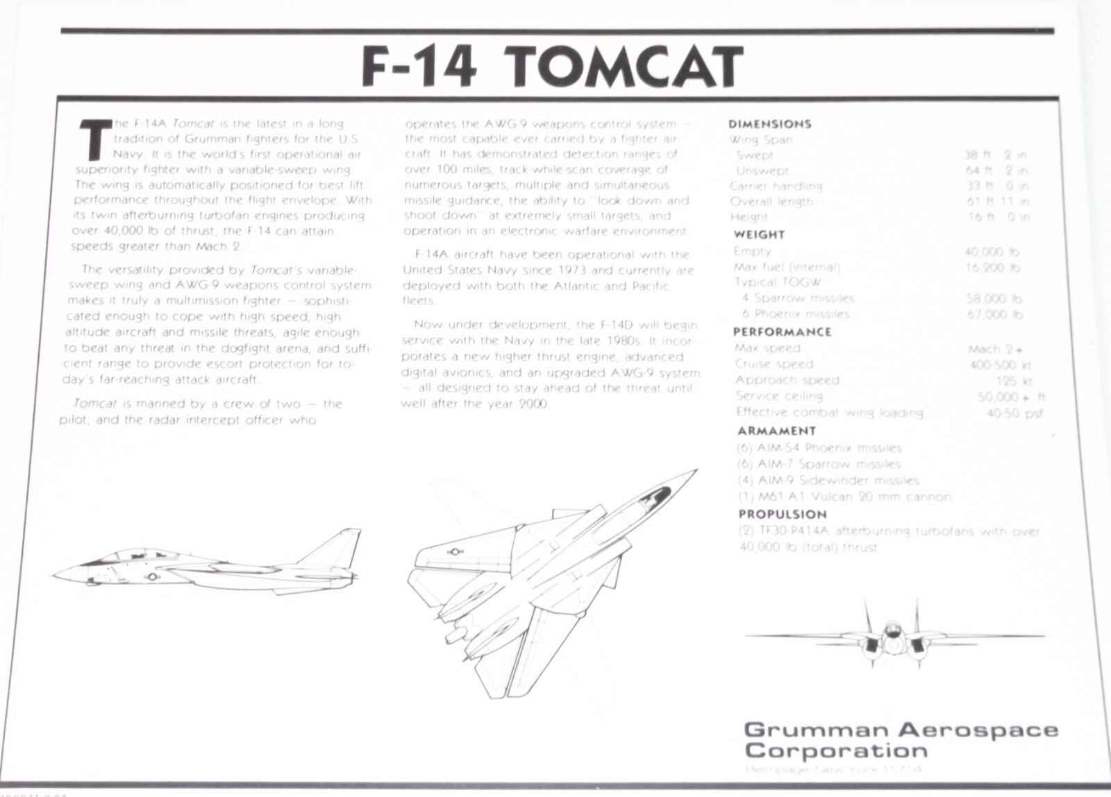 F-14 TOMCAT by GRUMMAN AEROSPACE CORPORATION 2-SIDED COLOR POSTER 8-1/2" x 11"